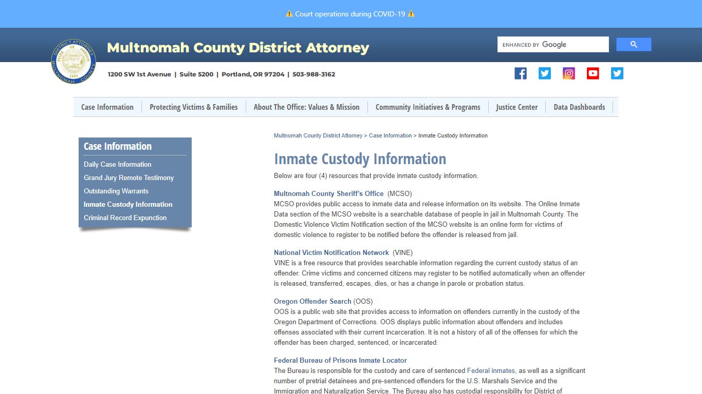 Inmate Custody Information | Multnomah County District ...