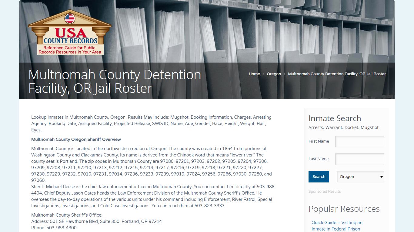 Multnomah County Detention Facility, OR Jail Roster | Name ...
